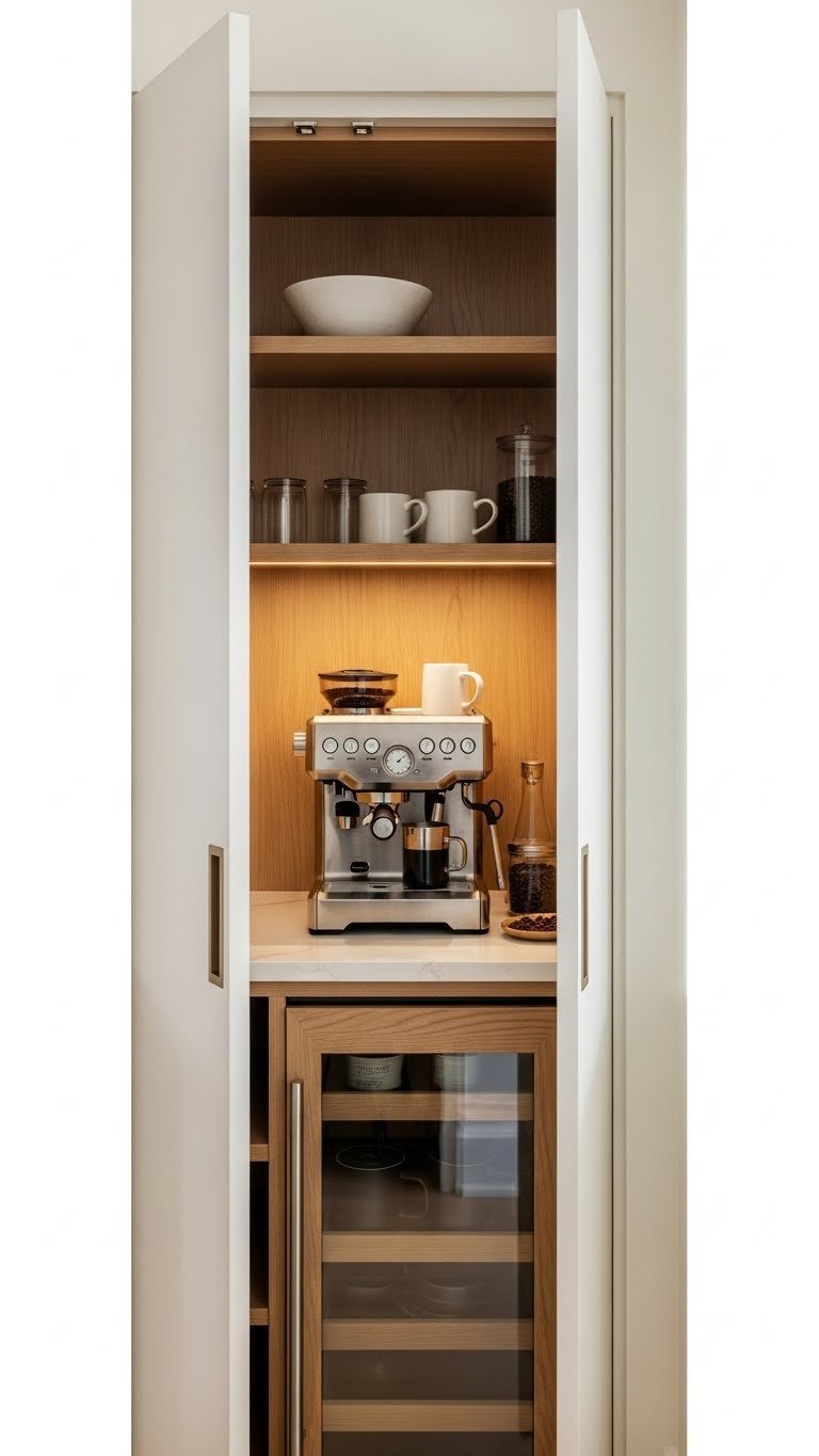 Jean Stoffer-inspired built-in coffee bar with pocket doors open revealing custom cabinetry, espresso machine, and warm wood tones in kitchen pantry