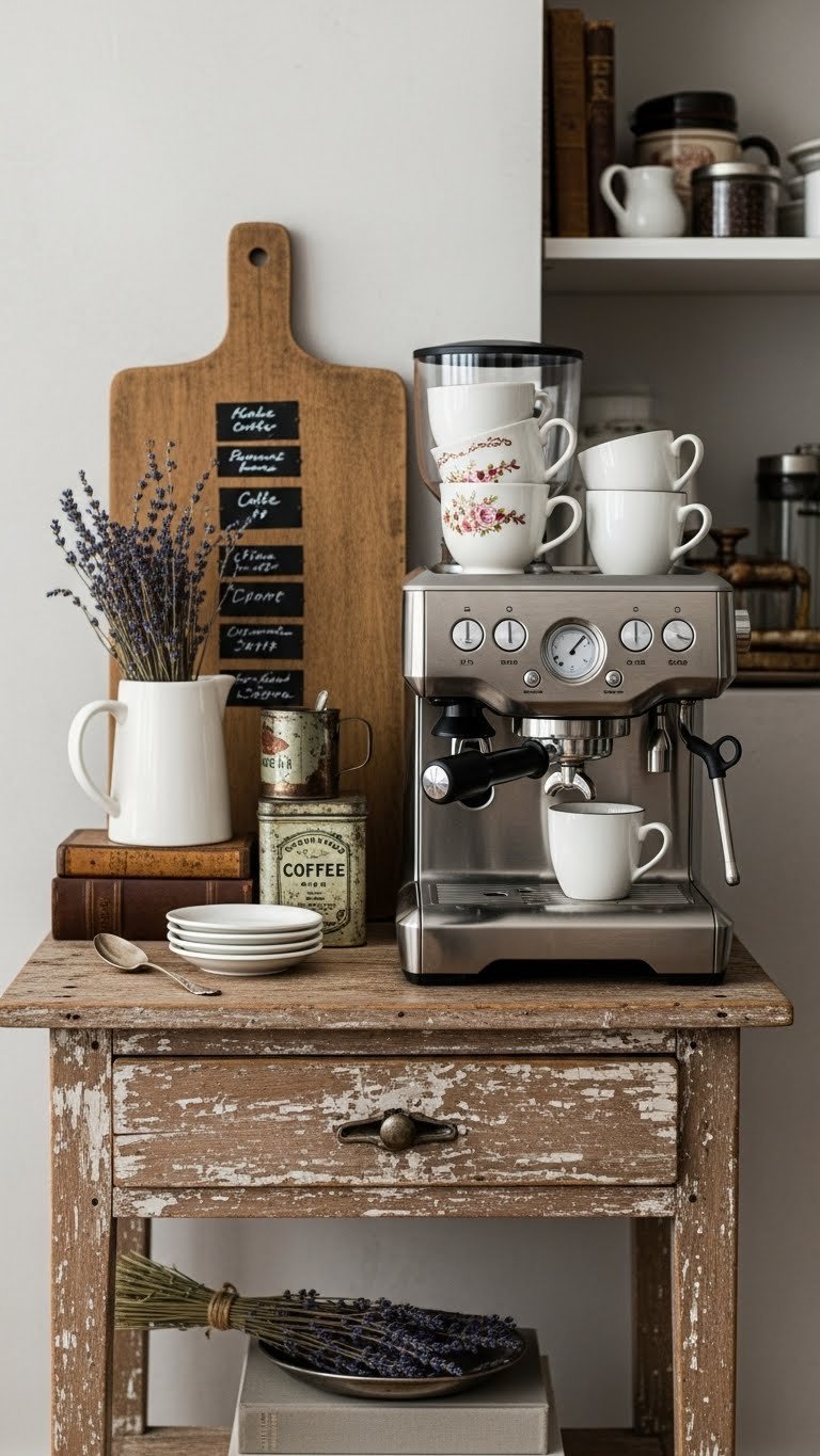Joanna Gaines coffee bar blending vintage wooden side table with modern stainless steel espresso machine and mismatched ceramic cups.