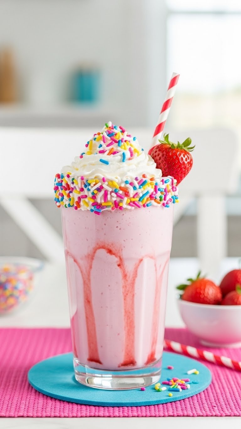 Kid-friendly strawberry milkshake with whipped cream and sprinkles on colorful placemat