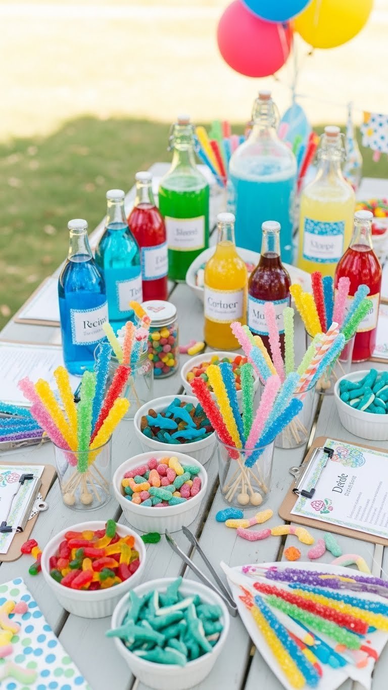 Kids' DIY ocean lab drink station with colorful dispensers, gummy candies, and rock candy swizzle sticks on picnic table.