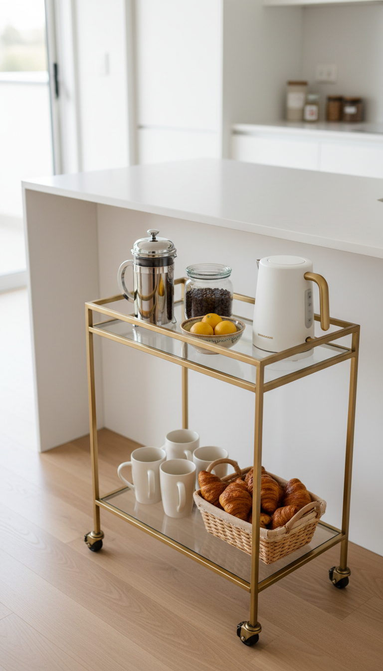 Kitchen beverage station with gold metal and glass bar cart holding French press and electric kettle