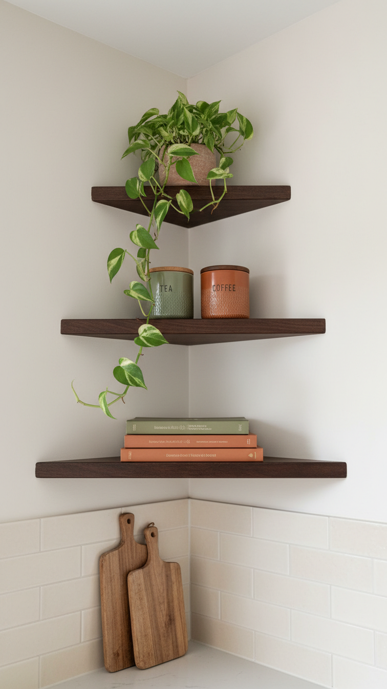 Kitchen corner with three triangular dark wood floating shelves holding cookbooks and trailing pothos plant