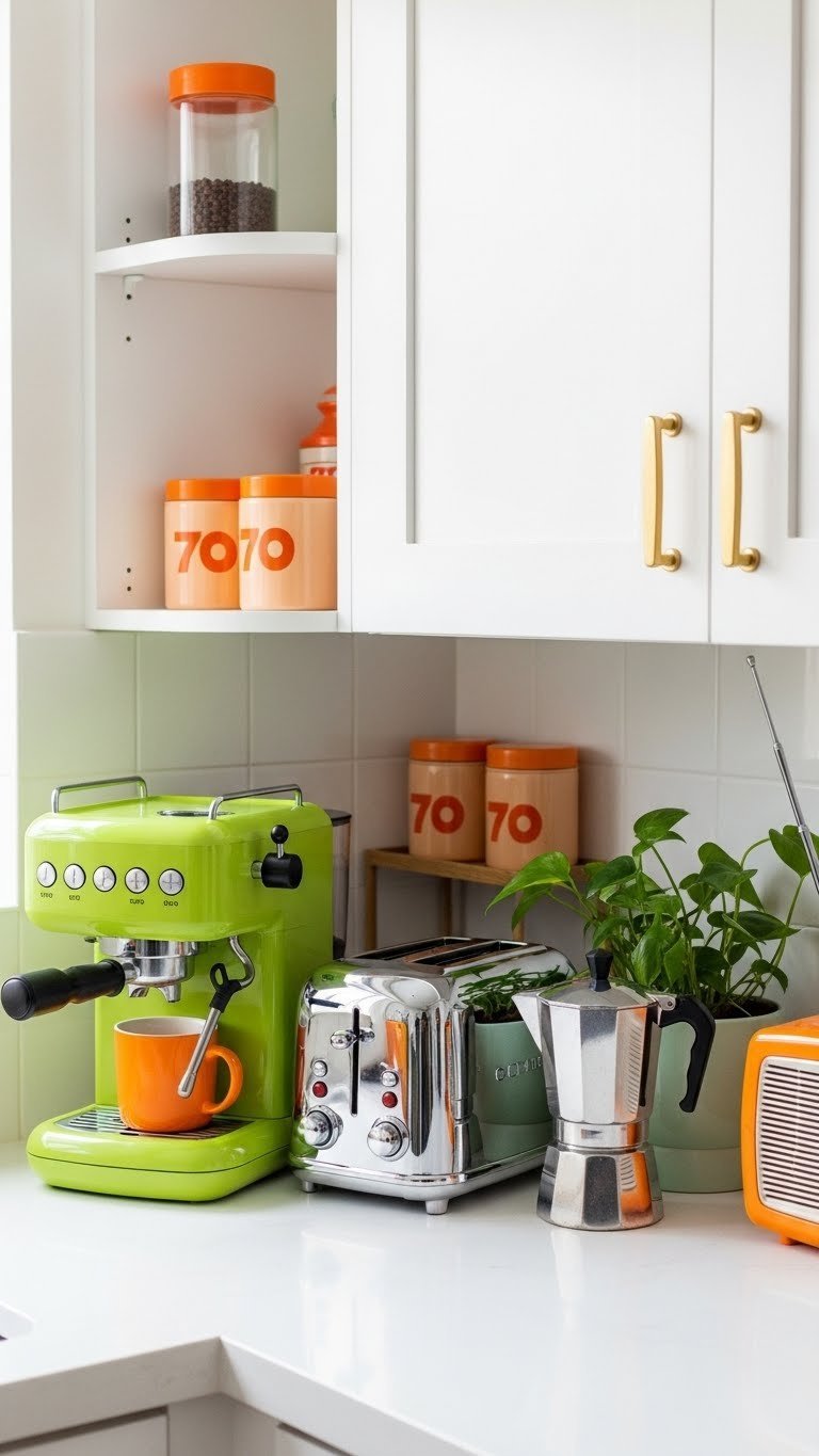 Kitsch 70s coffee corner with avocado green espresso machine and retro appliances on light countertop.