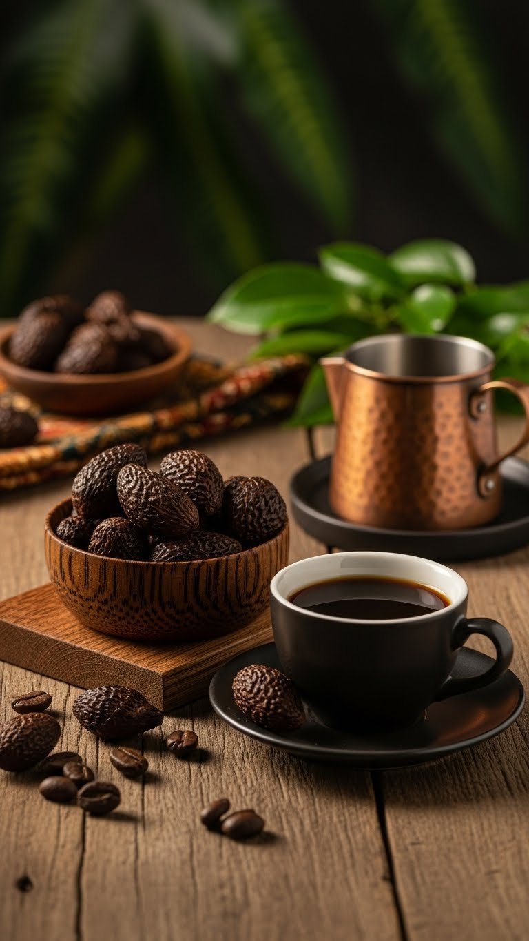 Kopi Luwak coffee beans in hand-carved wooden bowl next to dark ceramic cup on rustic wooden table