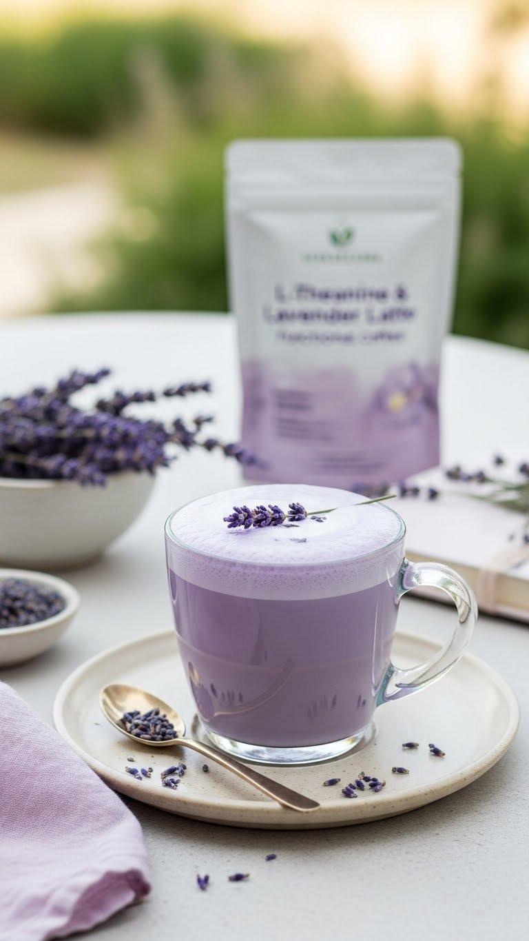 L-Theanine lavender latte with frothy foam and fresh lavender sprigs on ceramic plate