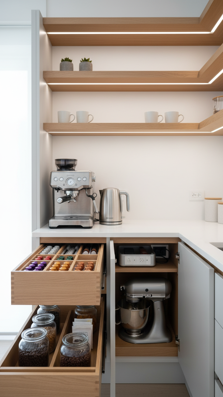 L-shaped coffee station with clever storage solutions including pull-out drawers and hidden compartments