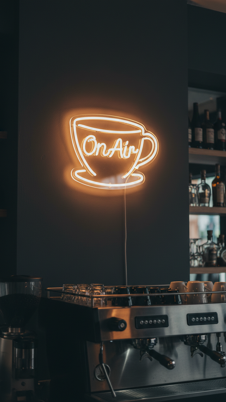 LED neon 'On Air' coffee cup sign glowing on charcoal-gray wall above espresso machine