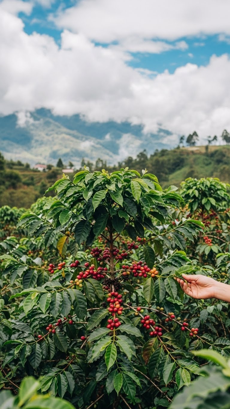 Landscape shot of lush coffee plants with ripe red cherries in high-altitude tropical farm setting with misty mountains