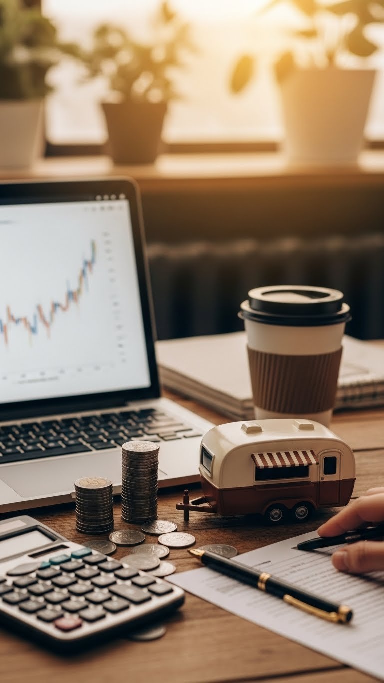 Laptop showing upward financial trend graph next to coffee trailer miniature and dollar coins