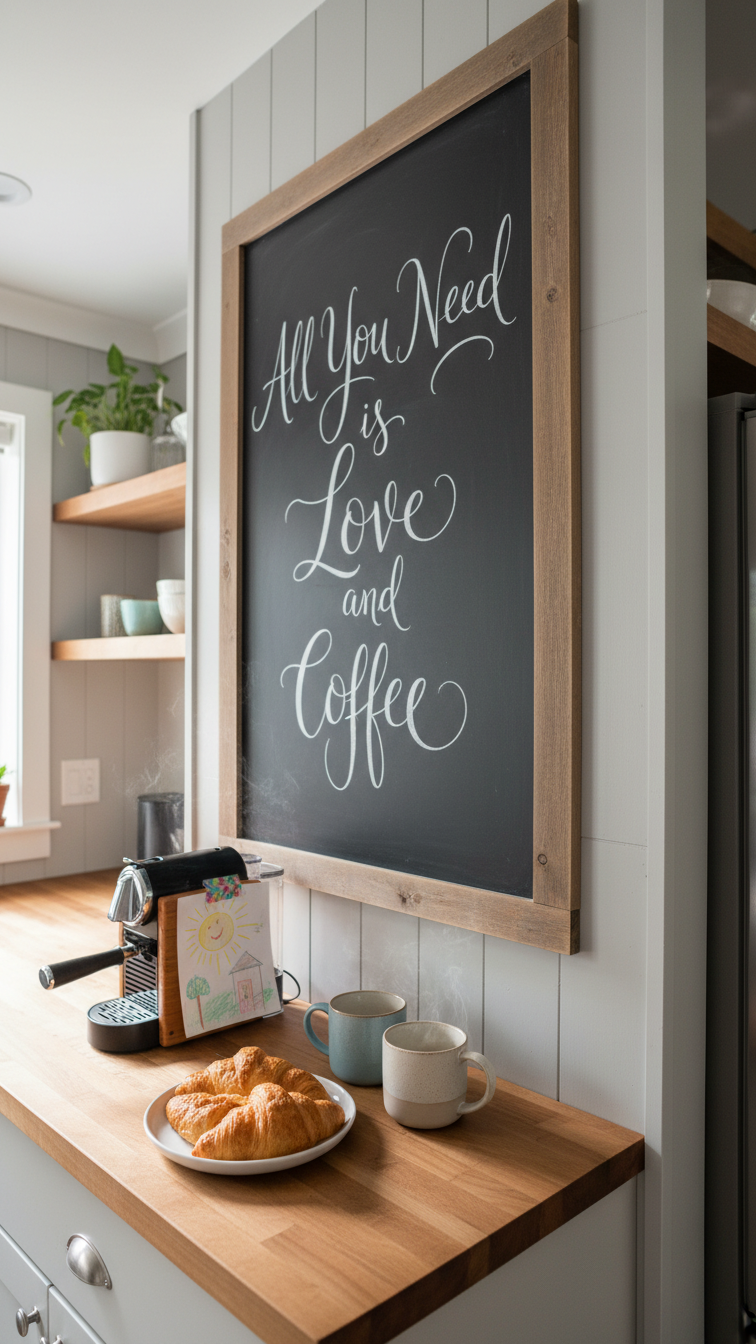 Large chalkboard with 'All You Need is Love and Coffee' calligraphy in rustic wood frame on light gray kitchen wall.