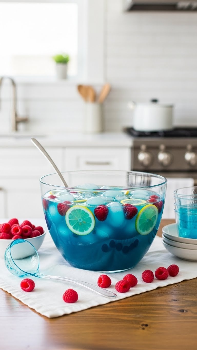 Large clear punch bowl filled with bright electric blue raspberry punch, floating sherbet, raspberries, and lemon slices