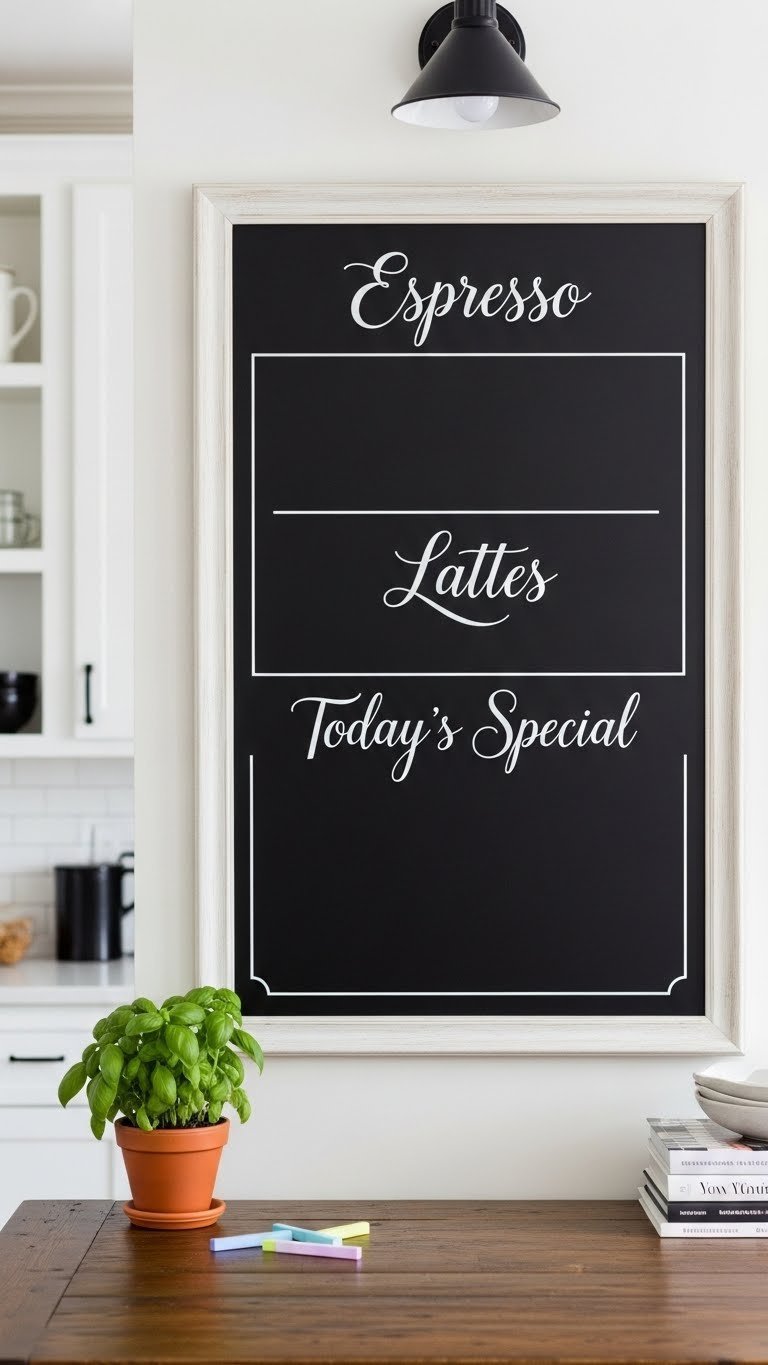 Large framed chalkboard menu sign with empty sections on rustic wood table near open kitchen shelving