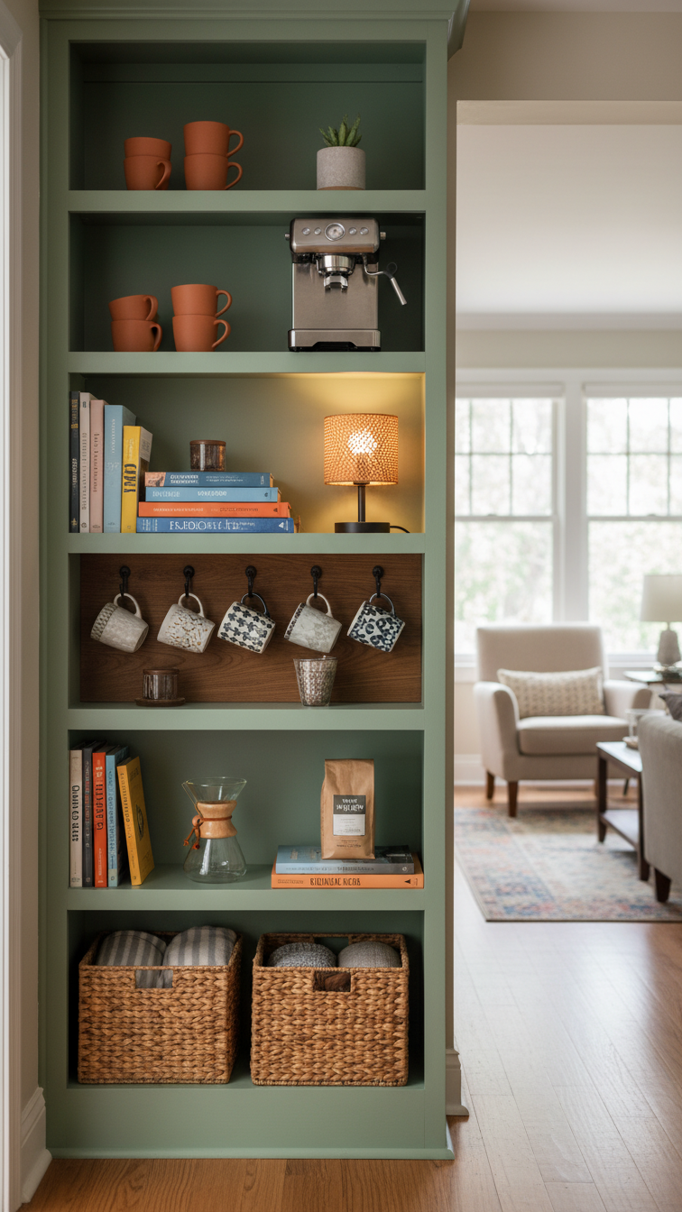 Large freestanding coffee station built from repurposed sage green bookshelf with eclectic decor