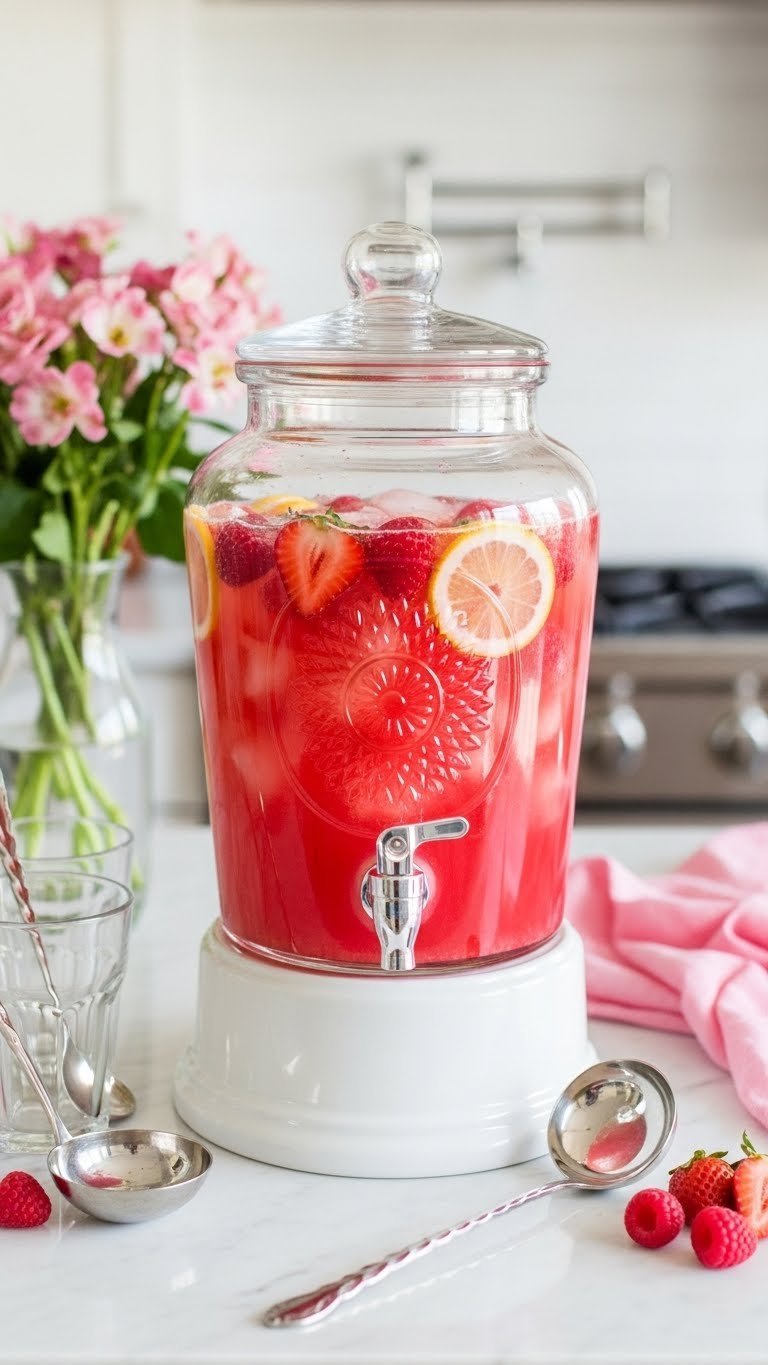 Large glass beverage dispenser filled with effervescent pink punch garnished with raspberries, strawberries, and lemon wheels on white marble countertop