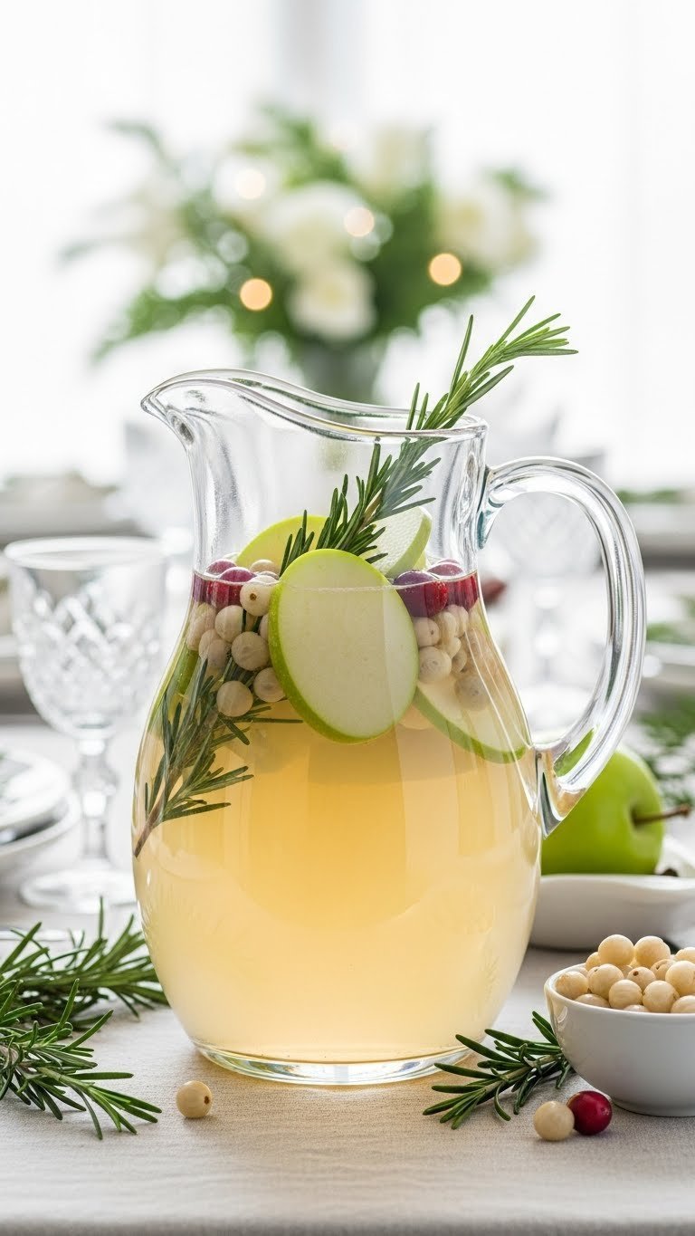 Large glass pitcher filled with pale golden white cranberry rosemary sangria with apple slices