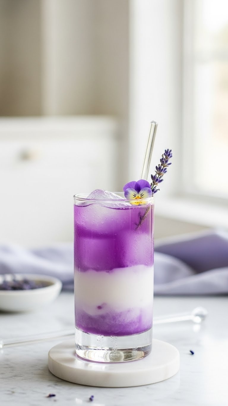 Lavender Cloud 9 mocktail with purple and white layers topped with edible flower and lavender sprig
