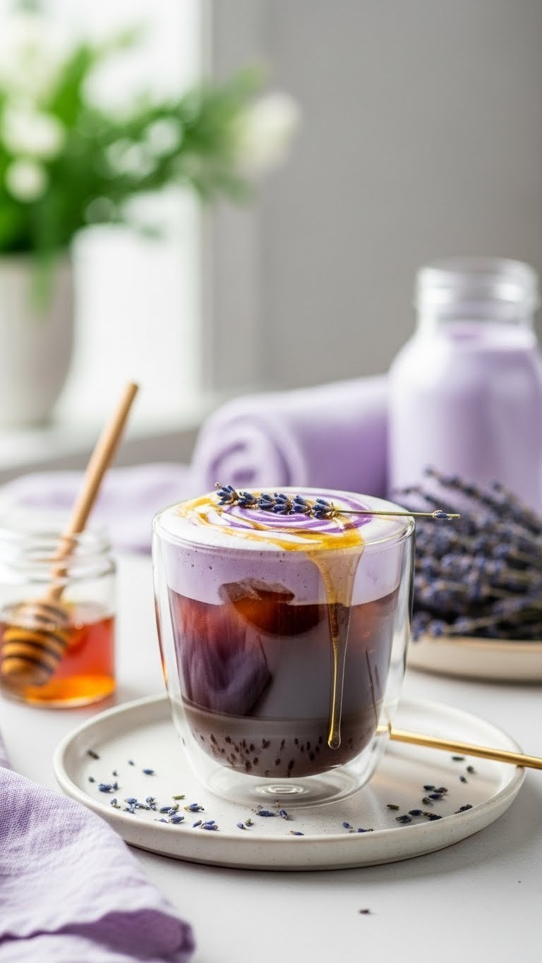 Lavender Honey Cold Brew with purple honey swirl, cold foam, lavender buds, and honey drizzle on a minimalist table.