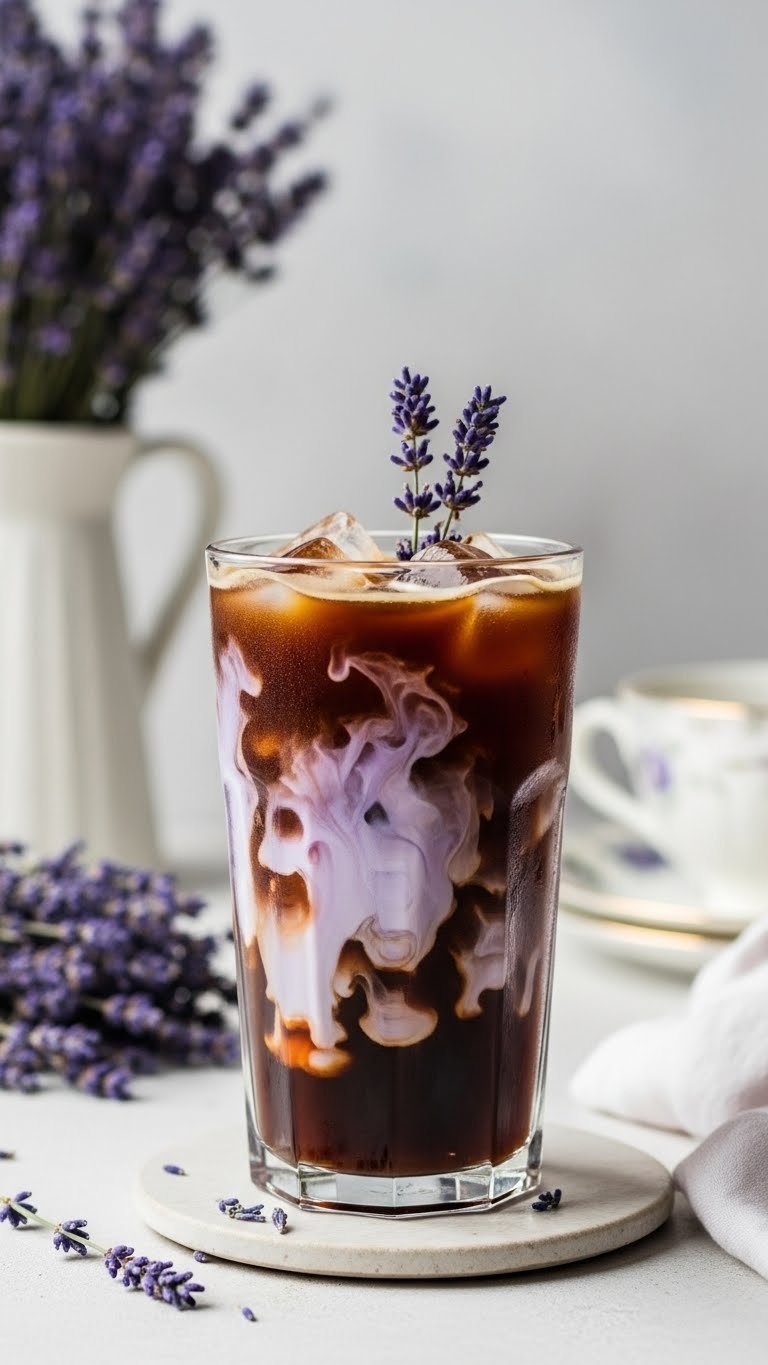 Lavender vanilla iced coffee with light purple milk swirl and edible lavender sprigs on ceramic surface.