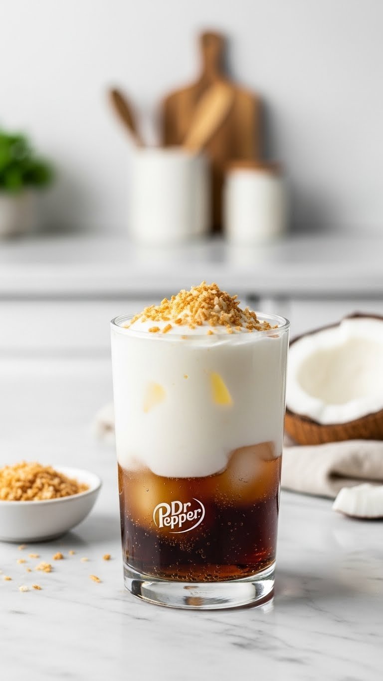 Layered Dr Pepper and creamy coconut dream drink with toasted coconut flakes in stylish glass on marble counter