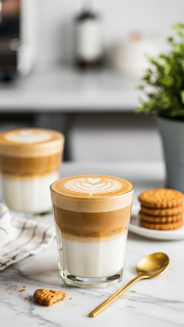 Layered Kanu Dolce Latte with caramel-colored coffee and latte art heart in clear glass on marble countertop