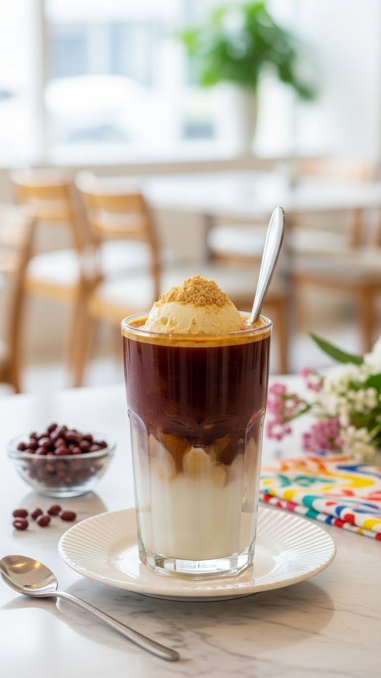 Layered Red Bean Bingsu Coffee with ice cream topping in tall elegant glass on marble countertop