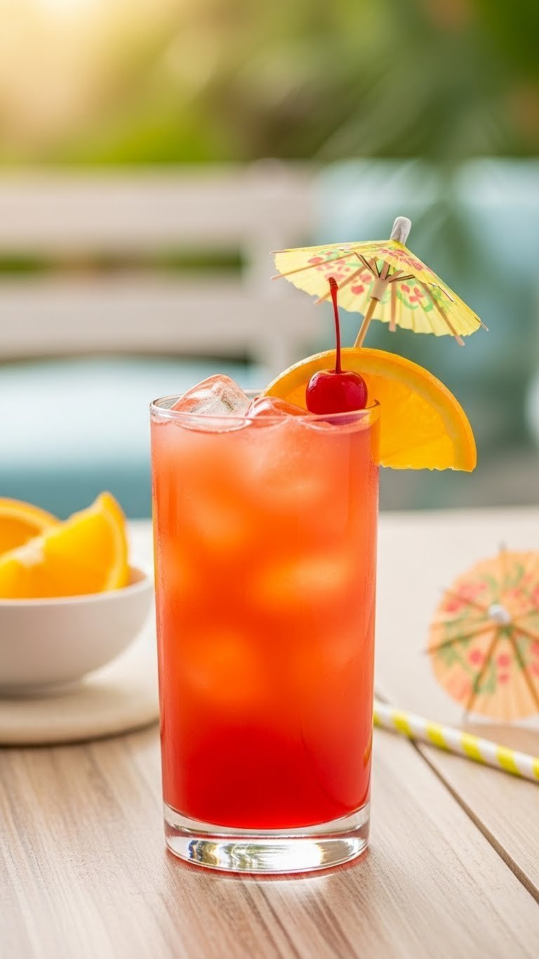 Layered Tequila Sunrise cocktail with orange slice garnish showing red-to-orange gradient on wooden table.