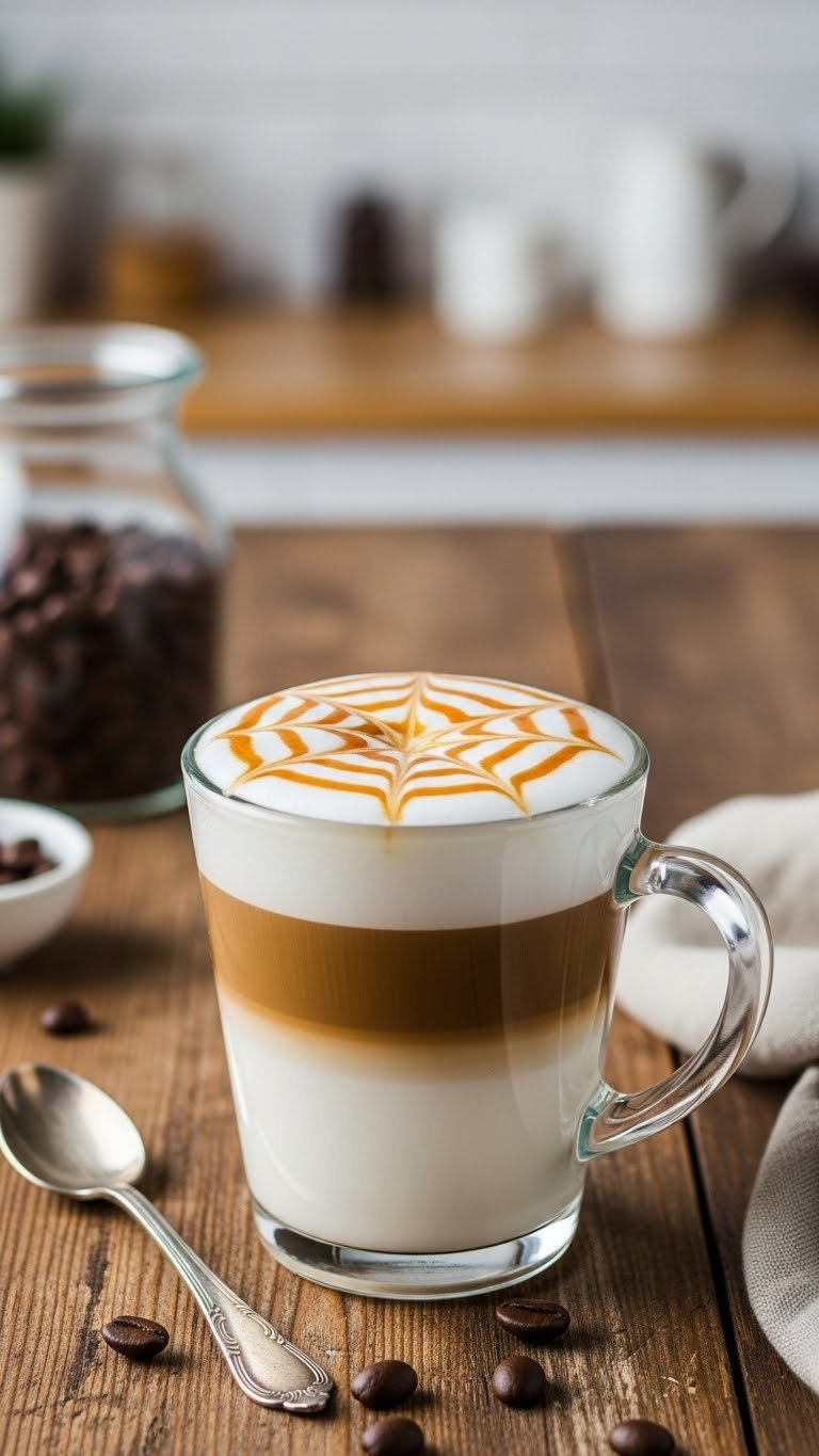 Layered caramel macchiato in clear glass mug on rustic wooden table with caramel drizzle pattern and coffee beans