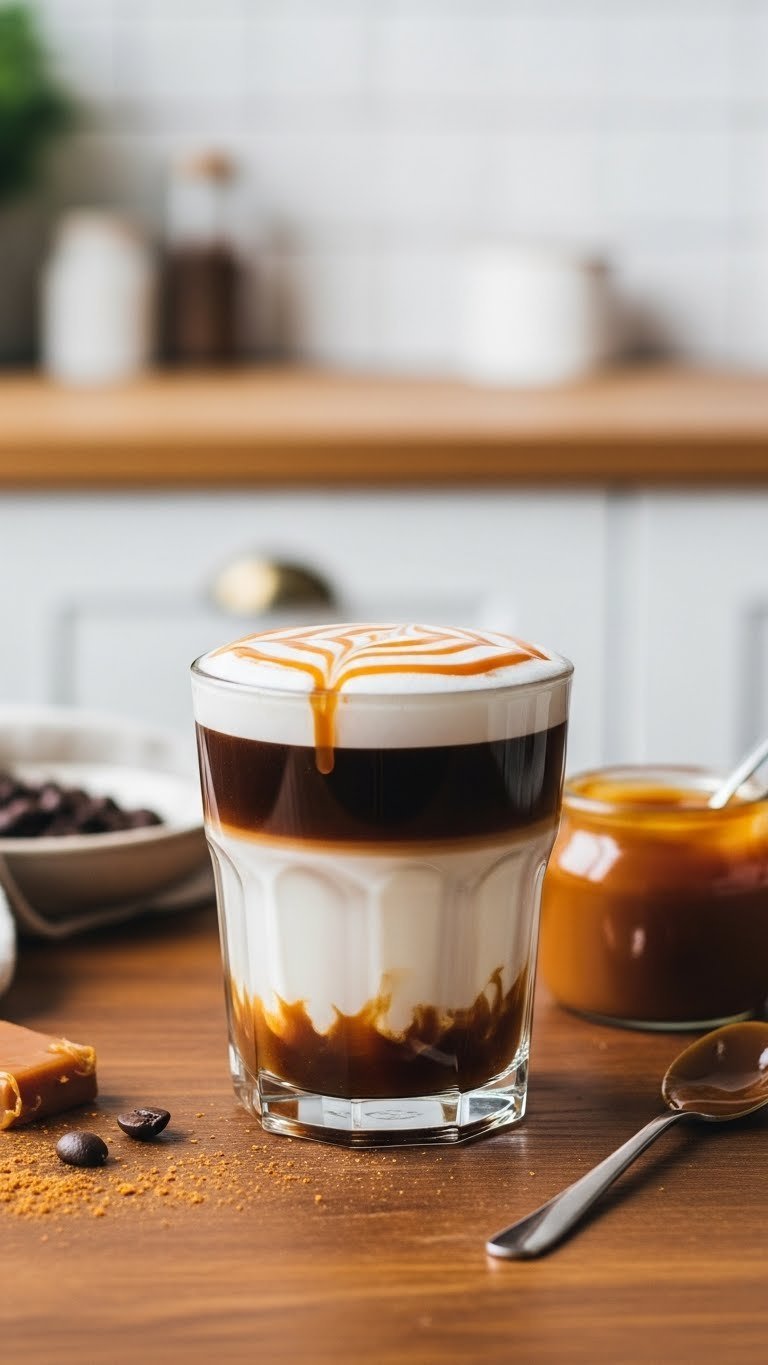 Layered caramel macchiato in clear glass with espresso, milk, and golden caramel drizzle