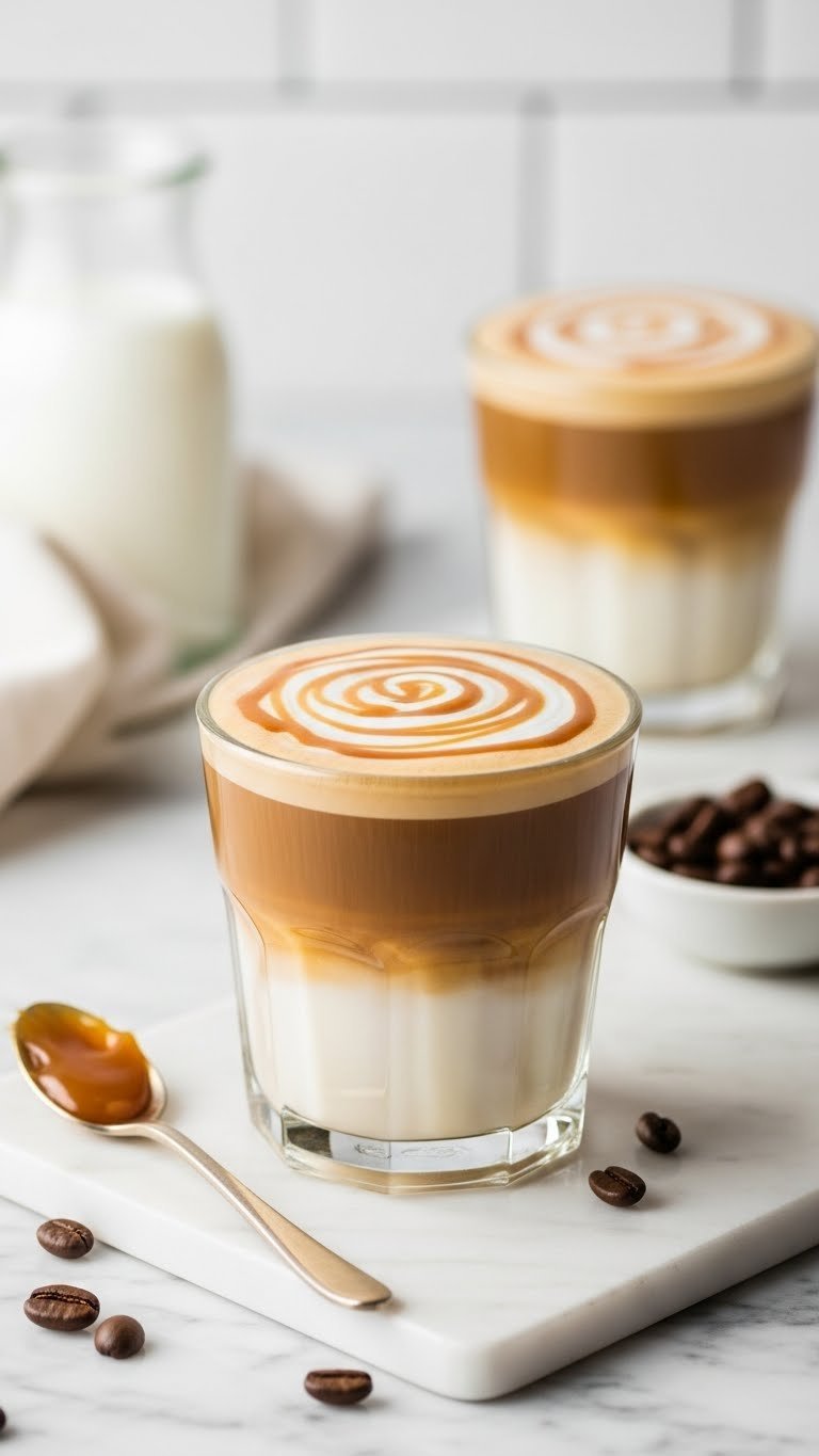 Layered caramel macchiato in clear glass with golden caramel sauce on marble countertop
