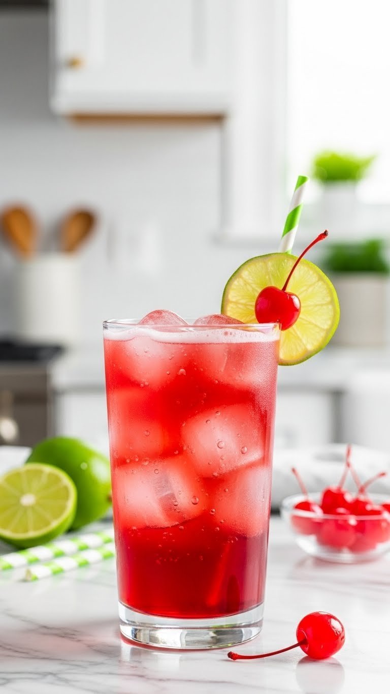 Layered cherry-lime Italian soda in tall glass with red syrup bottom, clear seltzer middle, creamy white top, garnished with lime slice and maraschino cherry on marble countertop