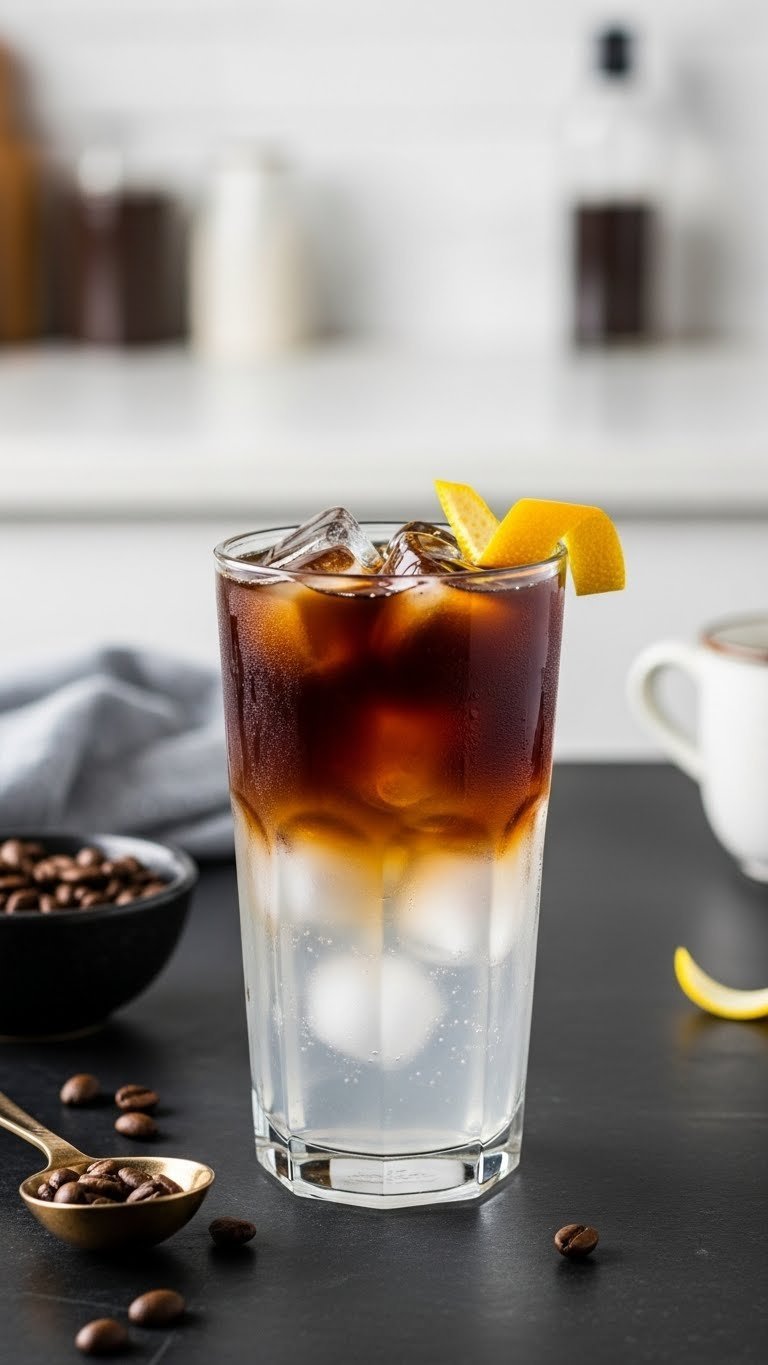 Layered cold brew coffee tonic in elegant glass with lemon twist garnish on dark countertop