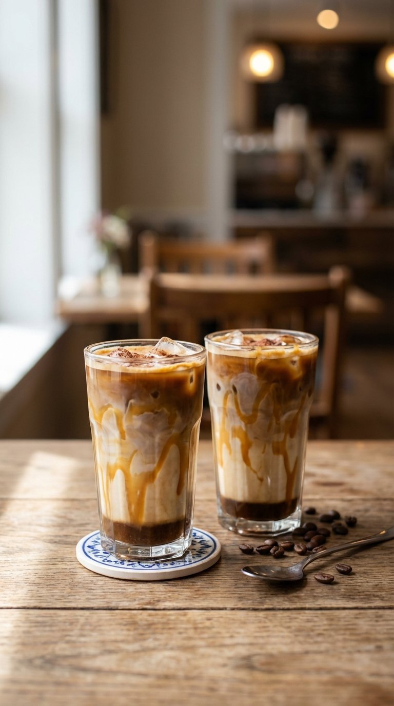 Layered iced caramel mocha in clear glass with golden caramel drizzle and coffee beans on rustic wooden table