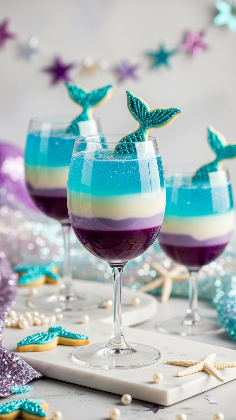 Layered mermaid party punch in stemmed glasses with mermaid tail cookies, edible glitter, and pearl decorations on marble countertop.