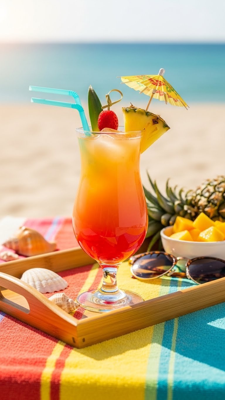 Non-Alcoholic Sprite: 9 Easy Mocktail Ideas for Any Party 7 Layered non-alcoholic Tropical Sunset Spritzer transitioning from orange to yellow with pineapple garnish on beach towel