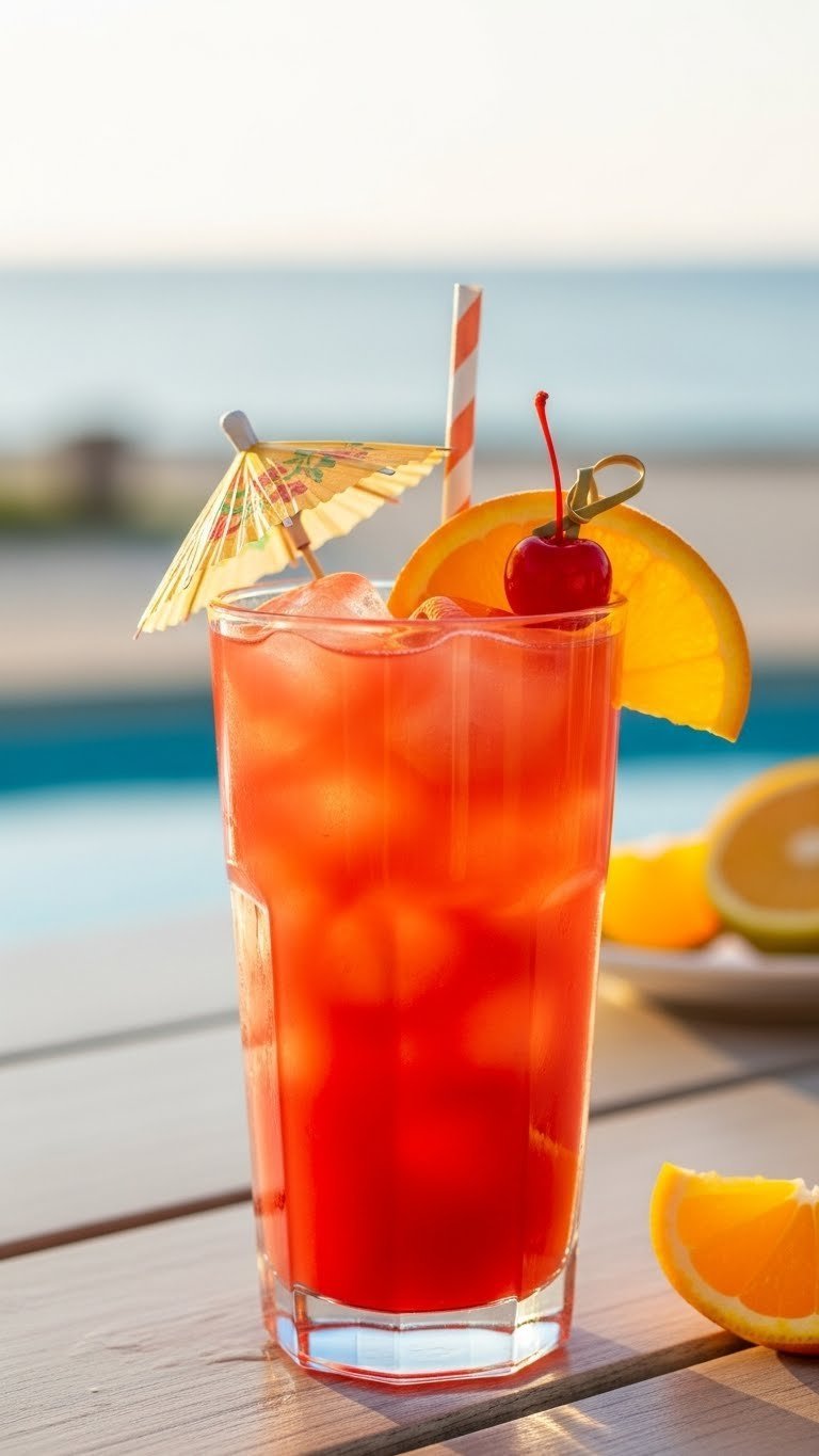 Layered orange and red Sex on the Beach cocktail with orange slice garnish on light wooden bar top.