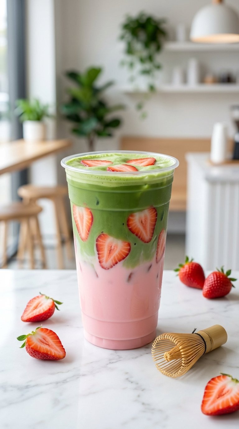 Layered strawberry matcha latte with fresh strawberry slices on white marble countertop