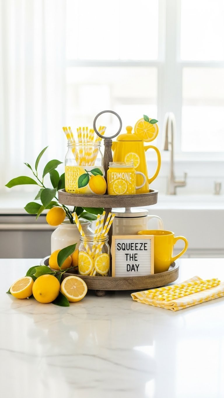 Lemon-themed tiered tray coffee station with yellow accessories and fresh lemons on white marble countertop