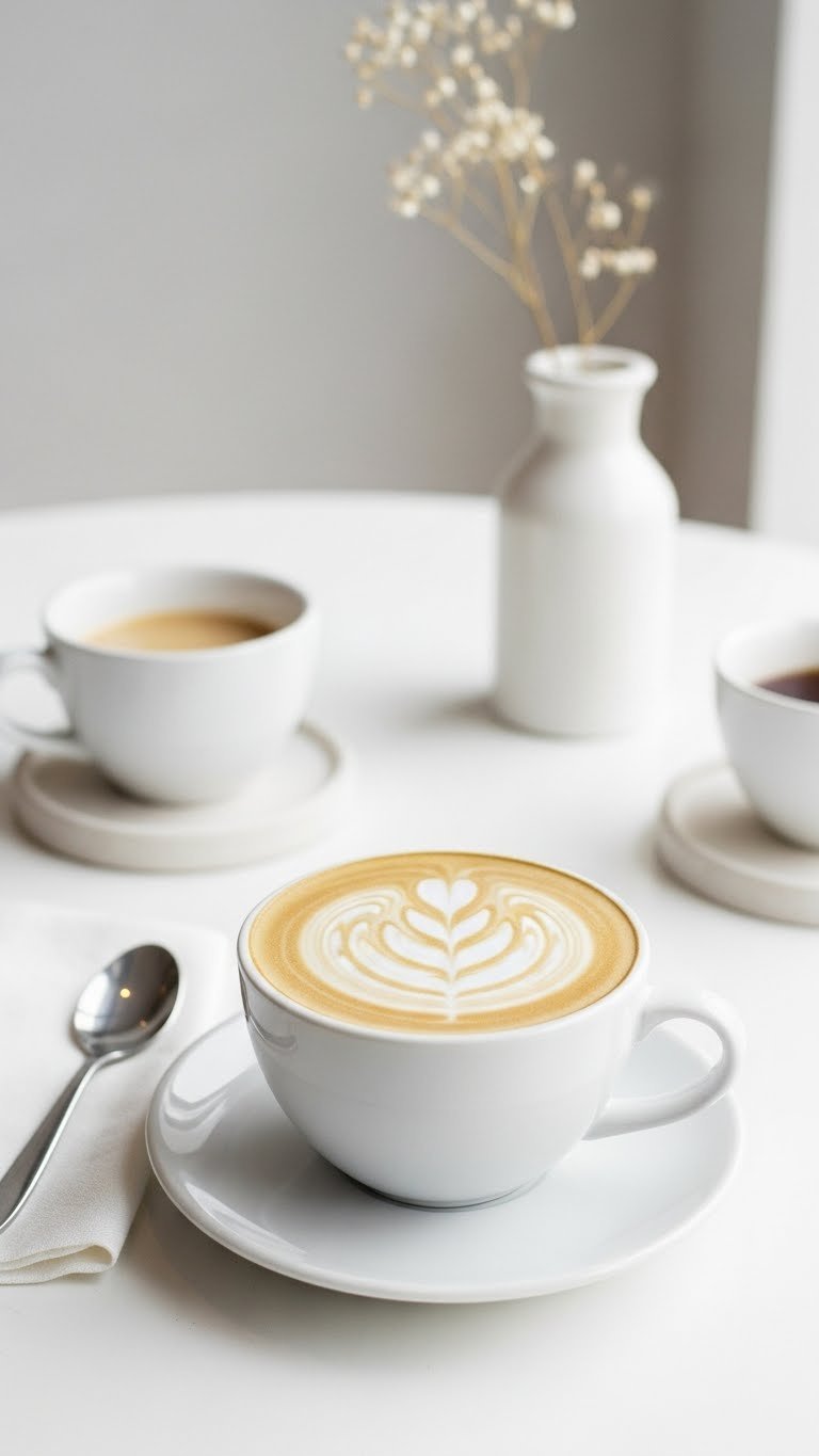 Light creamy Maxim White Gold coffee in minimalist white ceramic mug on clean white table setting