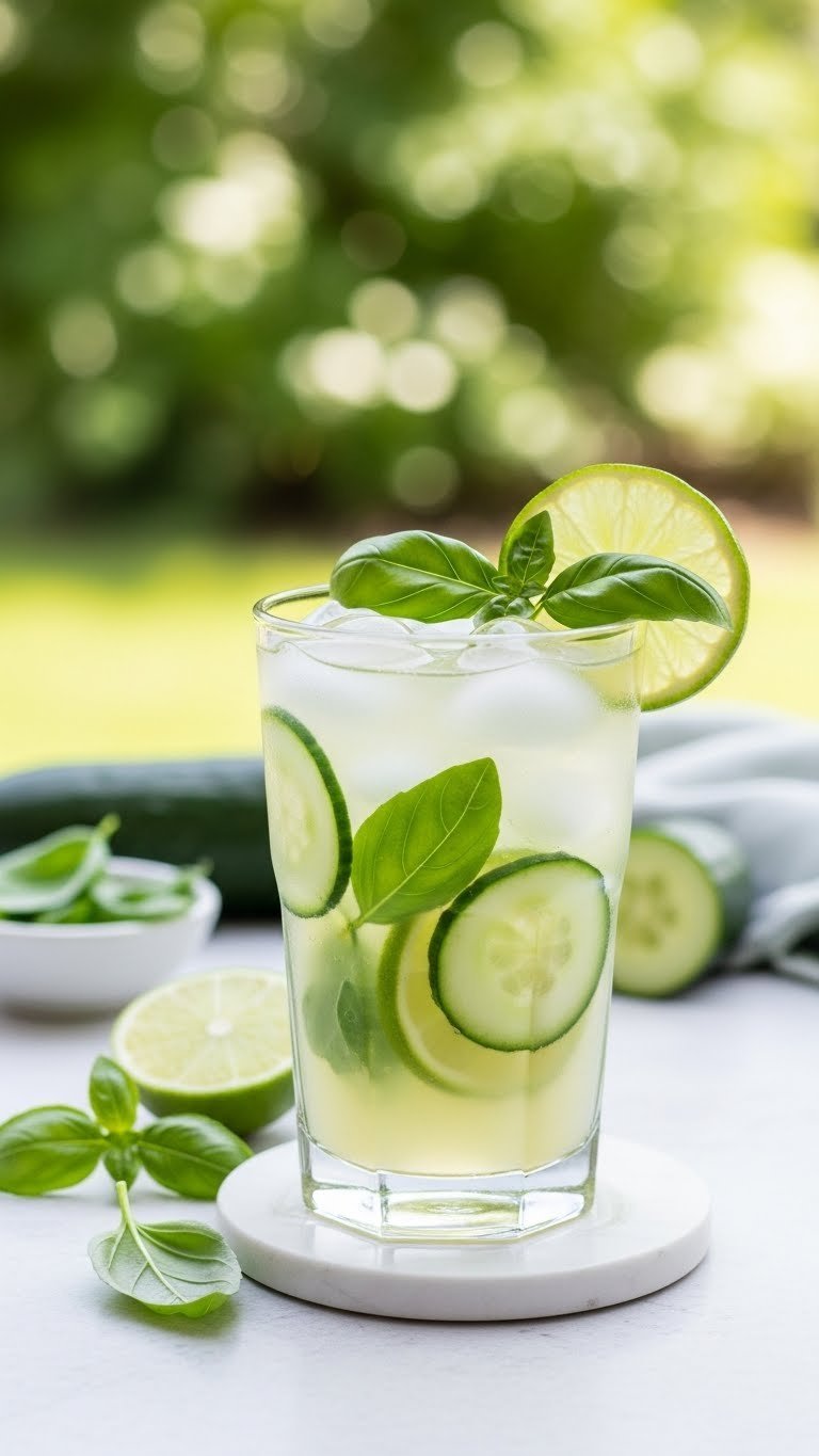 Light green Cucumber Lime Basil Refresher in tall glass with cucumber slices and basil leaves on white minimalist coaster