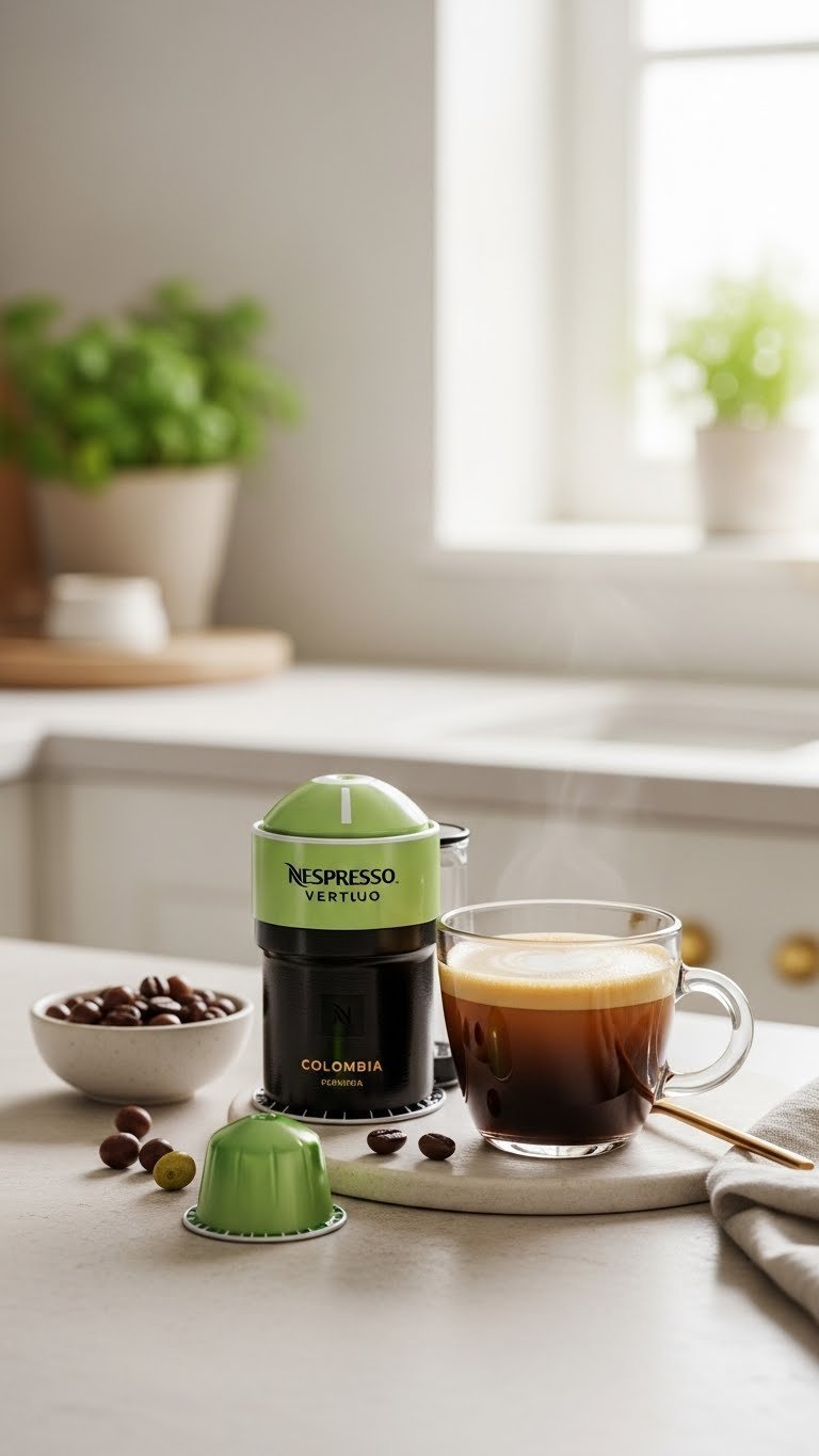 Light green Nespresso Vertuo Colombia coffee pod with vibrant light roast cup on pale stone surface