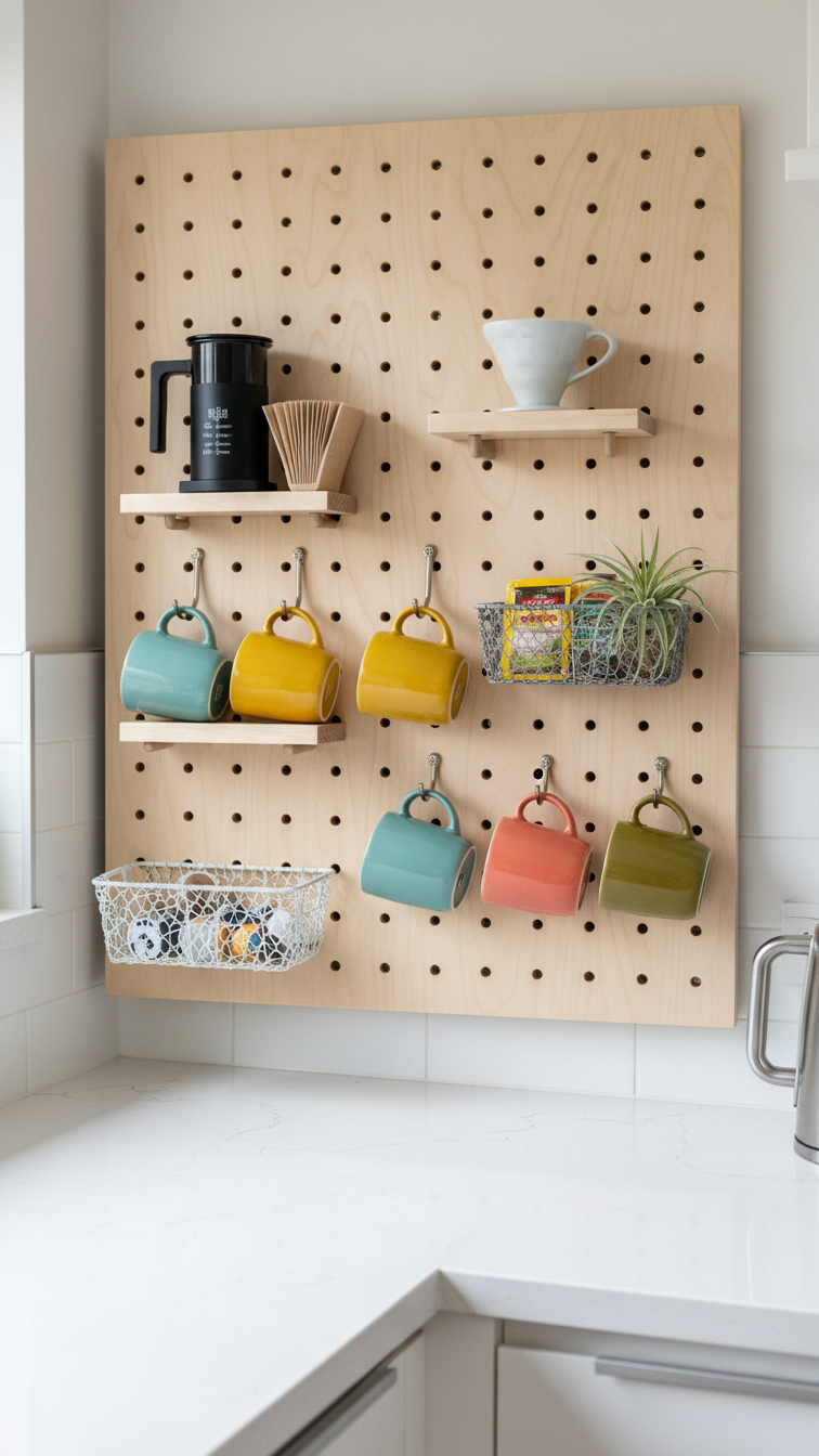 Light wood pegboard wall-mounted coffee station with customizable shelves holding Aeropress and colorful mugs