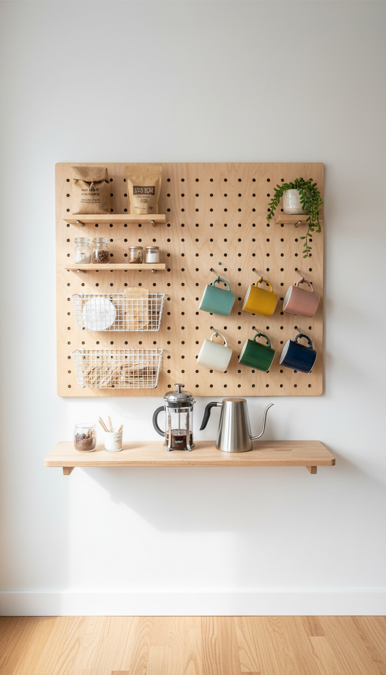 Light wooden pegboard coffee station with hanging colorful ceramic mugs and organized coffee supplies on white wall