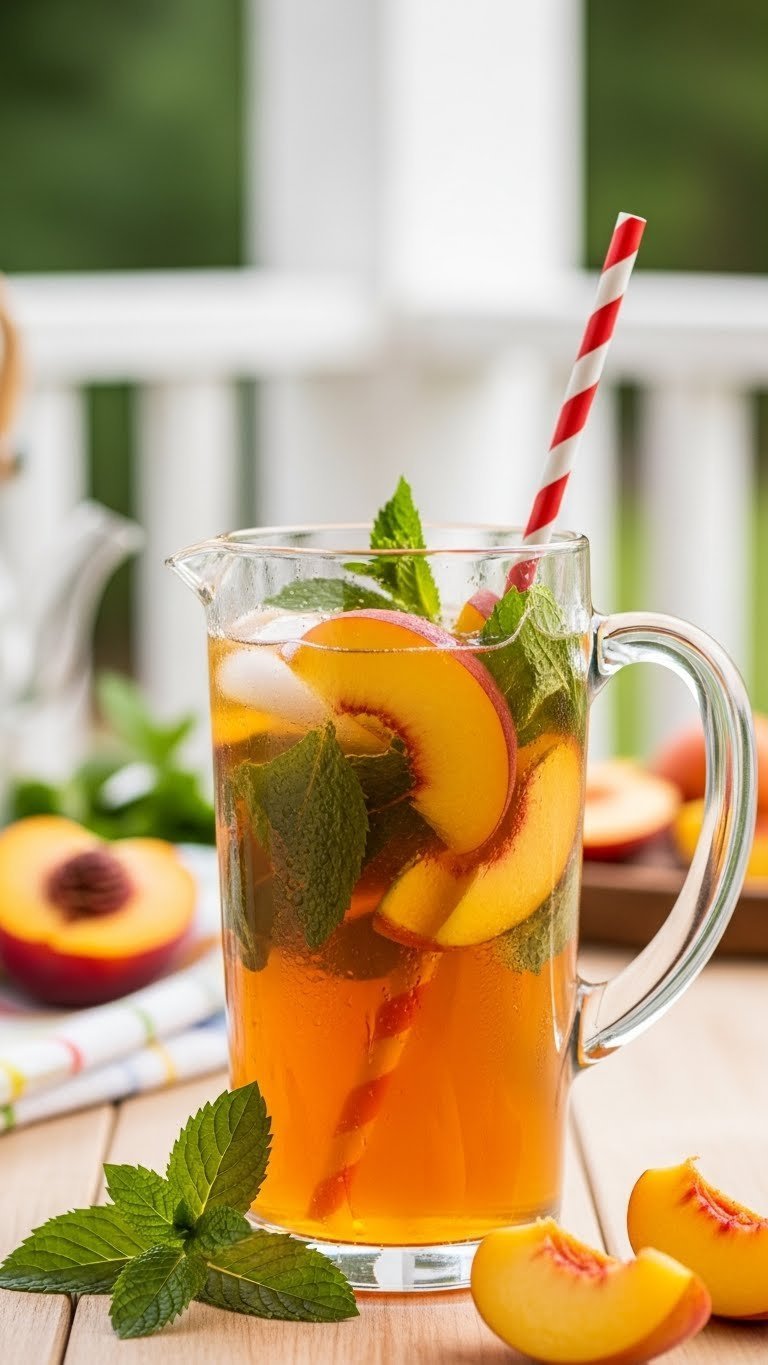 Lightened-up peach iced tea in tall pitcher with fresh peach slices and mint leaves showing condensation.