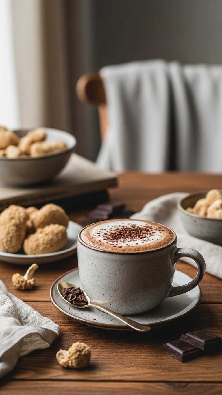 Lion's Mane mushroom functional coffee with dark chocolate blend topped with cocoa powder foam on rustic wooden table