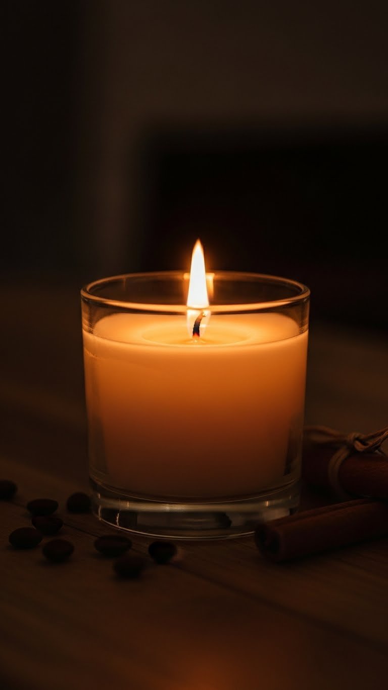 Lit Christmas-scented candle in glass jar glowing warmly on wooden surface with coffee beans and cinnamon stick.
