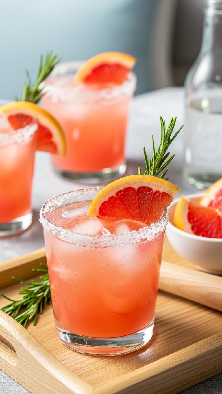 Low-calorie grapefruit Paloma mocktail in salt-rimmed glass with grapefruit slice and rosemary sprig showing effervescence.