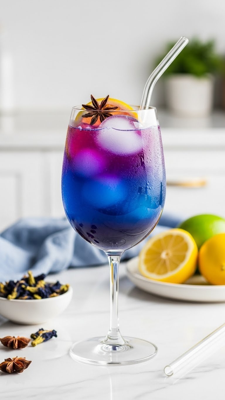 Luminous Blue Butterfly Pea Tea Elixir with color-changing gradient and star anise garnish in stemless wine glass