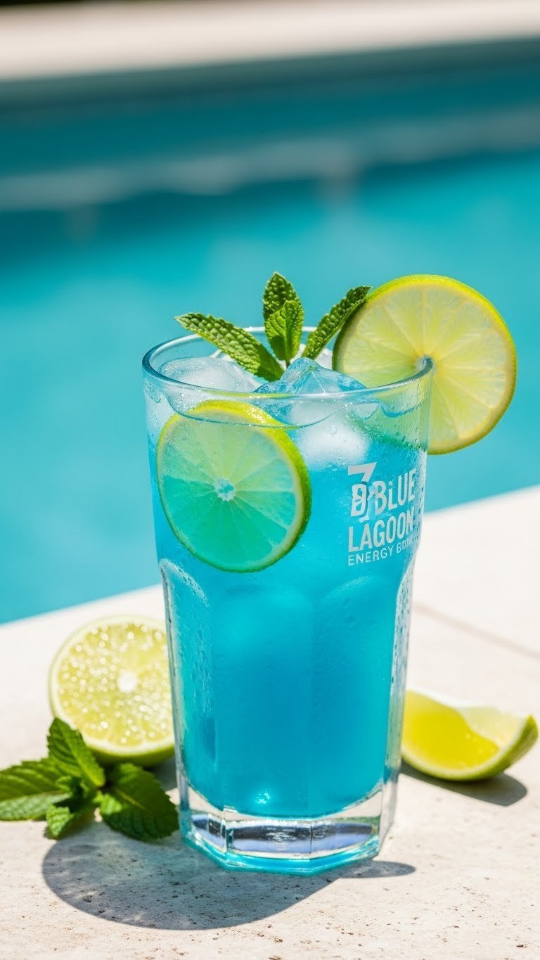 Luminous Blue Lagoon energy drink with lime garnish and crushed ice on stone surface