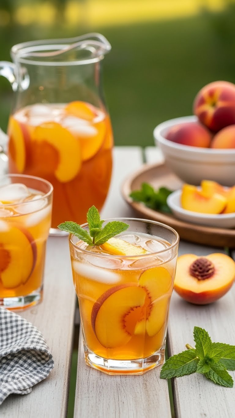 Luscious peach iced tea in glass with fresh peach slices, mint sprig, and ice on wooden picnic table