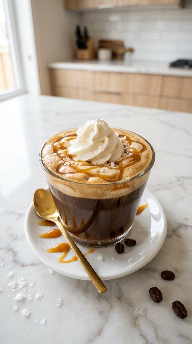 Luscious salted caramel coffee drizzled with caramel sauce and topped with whipped cream and sea salt